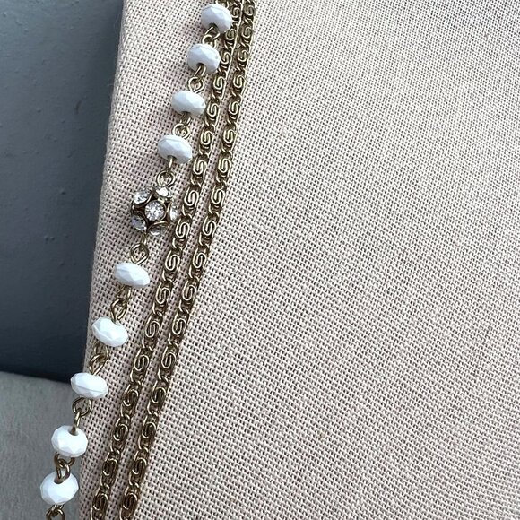 Multi Strand Beaded Necklace Gold Tone White Rhinestones Chain - Picture 3 of 7